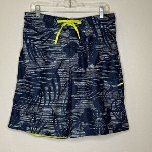 Speedo Swim Trunks Shorts Mens Large Blue White Floral Print Mesh Briefs Elastic